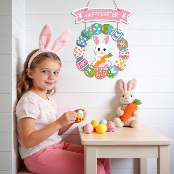 Wooden Hanging Bunny Egg Wreath - Picture 4 of 6